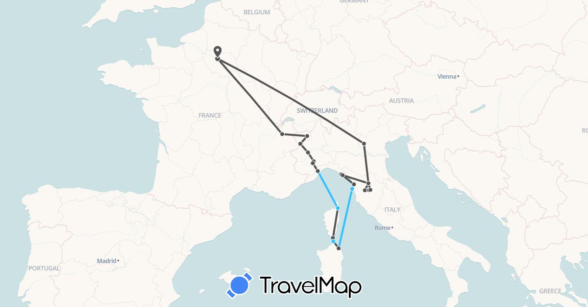 TravelMap itinerary: driving, boat, motorbike in France, Italy (Europe)